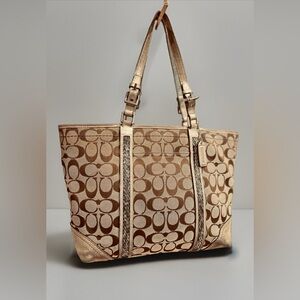 Vintage Coach metallic beaded khaki jacquard & leather Signature C Gallery Tote